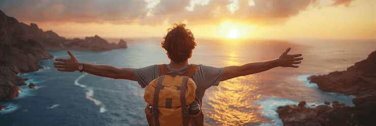 Traveler watching the sunrise over the coast